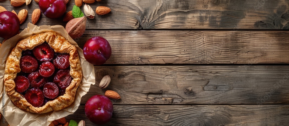 Poster wooden background with baking paper a tasty plum galette and a dish of almonds offering a visually a