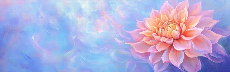 Fototapeta premium Close-up of a pink and yellow dahlia flower on a blue, blurry background.