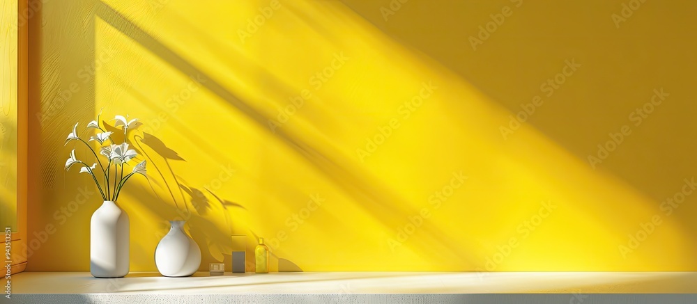 Aufkleber Yellow background wall with shadowed studio backdrop showcases products providing a perfect copy space image for text and product presentation