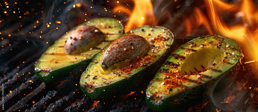 Poster Grilled slices of fresh avocado at a health food BBQ displayed against a backdrop with copy space image