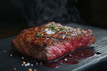 Barbecue wagyu bavette beef steak with red wine salt offered as close-up on charred wooden black board. Generative Ai