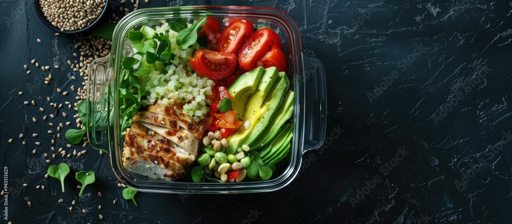 Leinwandbilder glass container on black table filled with a fresh salad avocado chicken and buckwheat seen from abo