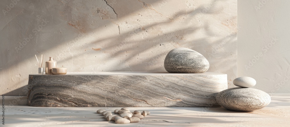 Poster create an alluring podium backdrop using textured natural stones perfect for showcasing products lik