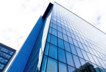 Obraz premium Looking Up modern high-rise office buildings with blue sky in the background, ai