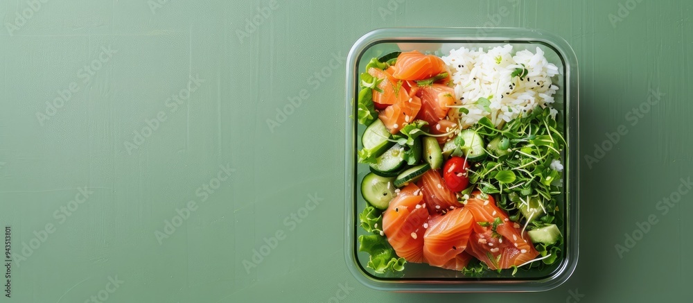 Fototapete glass container with a fresh salad salmon and rice on a green surface viewed from above with space f