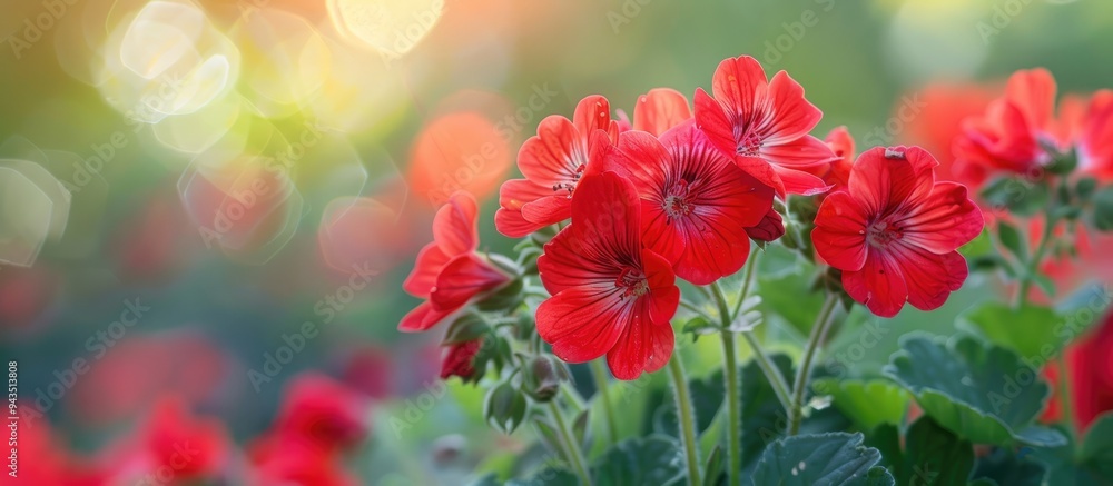 Poster vibrant red geranium or cranesbill flowers blooming in the garden adding a splash of color to the su