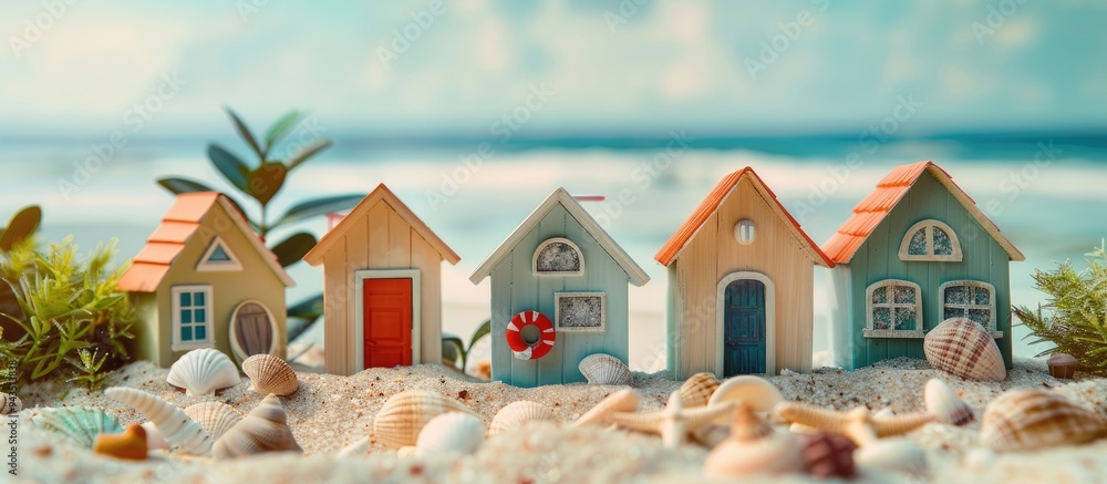 Poster Summer toy houses with a scenic background create a captivating copy space image