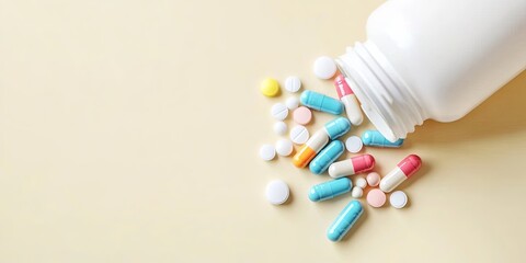 A white bottle with various pills spilled out on a beige background.