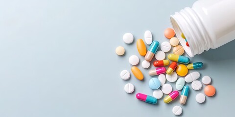 A white pill bottle with assorted pills spilling out on a blue background.