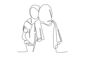 Continuous one line drawing of two women greet each other and hug. Happy friendship day with family and diserve people. Friendship minimalist concept. Single line draw design vector