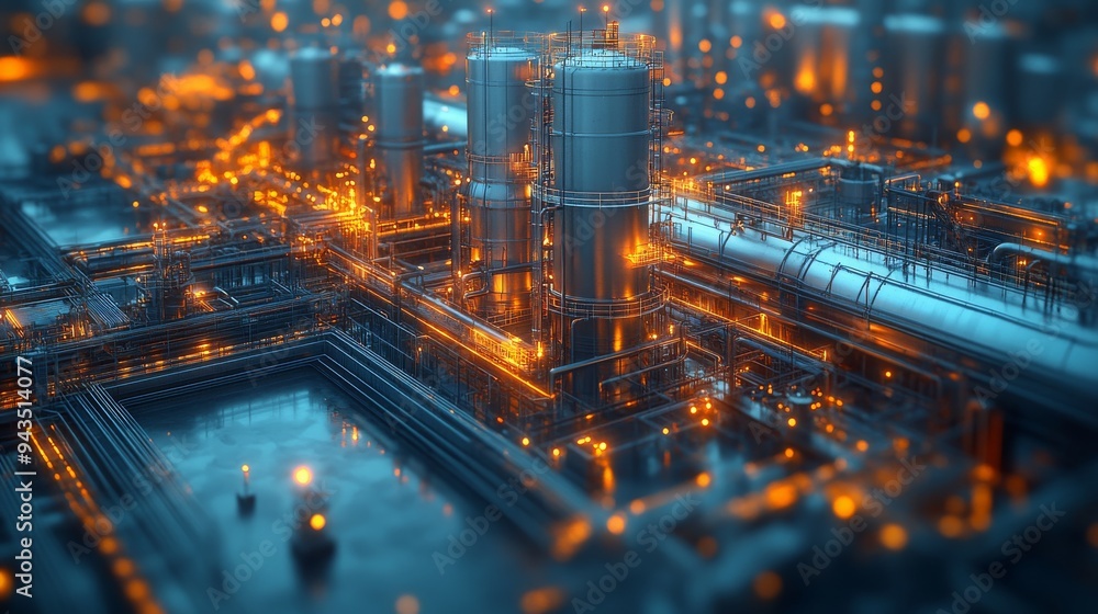 Poster a network of carbon capture systems operates within an industrial complex, illuminated by ambient li