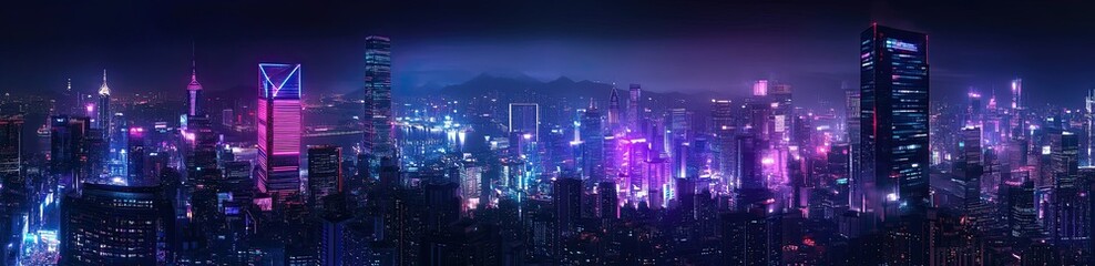 Obraz premium Night view of the city illuminated with neon lights and skyscrapers.