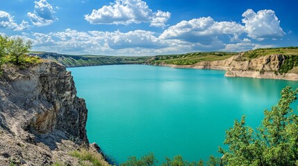 Stunning turquoise reservoir with a flawless surface on a sunny day. Located in the Dniester Canyon, Bakota Bay, Ukraine. Photo wallpaper. Explore the world's beauty.