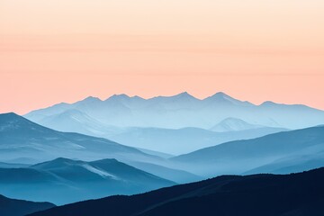 Fototapeta premium Photograph of a mountainous landscape, with a soft, hazy effect and a pastel color palette. 