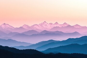 Obraz premium Photograph of a mountainous landscape, with a soft, hazy effect and a pastel color palette. 