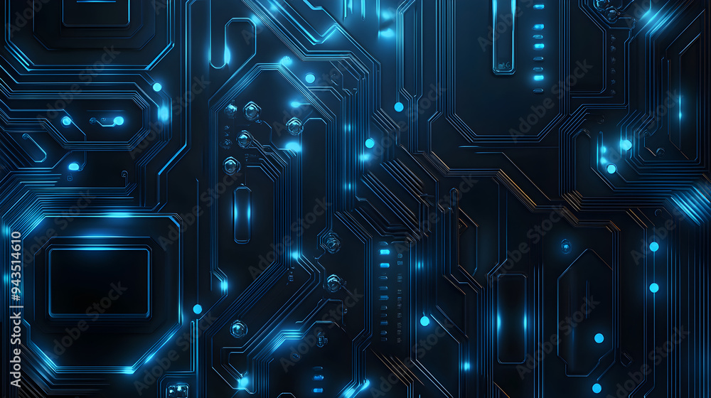 Poster a sleek high-tech background featuring a detailed circuit board design with glowing blue lights and 
