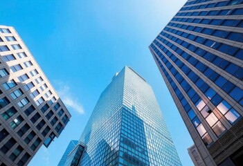Obraz premium Looking Up modern high-rise office buildings with blue sky in the background, ai