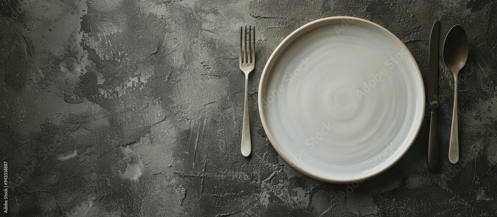 Leinwandbilder dark textured concrete background with a round ceramic plate and cutlery setting the scene for dinne
