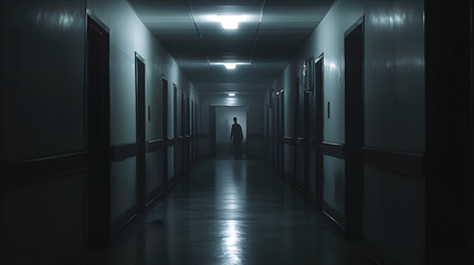 A spooky abandoned hospital features dark, eerie hallways with a shadowy figure standing at the end illuminated by dim lights
