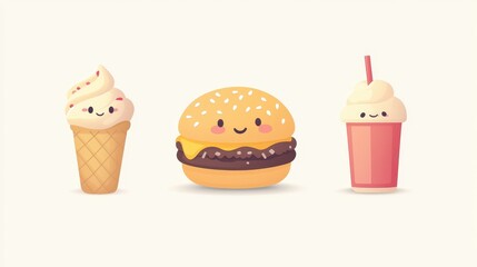 Three charming food icons showcase a smiling ice cream cone, a cheerful hamburger, and a playful drink against a light backdrop