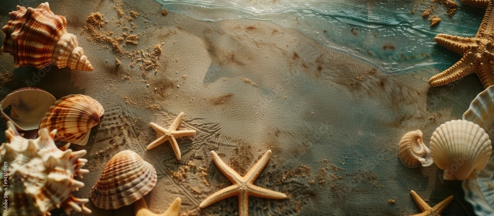 Poster A beach themed setting with seashells or starfish on a table surface featuring a blank area for text known as a copy space image