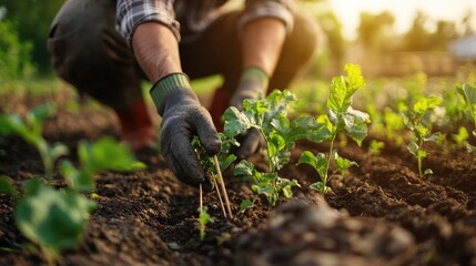 A dedicated farmer tends to his vegetable garden at sunrise, cultivating crops in a serene, natural setting, symbolizing hard work and sustainable agriculture..