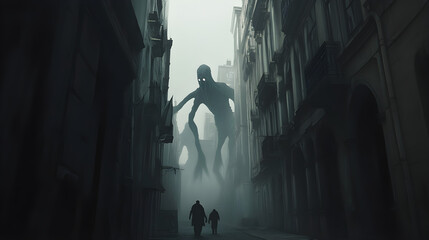 A surreal street scene features eerie shadows and a towering creature looming over two figures walking in a foggy, deserted alley