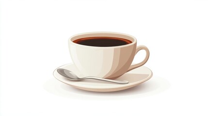 A coffee cup with a saucer and spoon, coffee element, flat design, minimalist style, isolated on white background