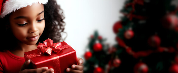 happy beautiful baby girl in santa hat holding a gift; christmas black background with xmas tree; widescreen backdrop & copy space