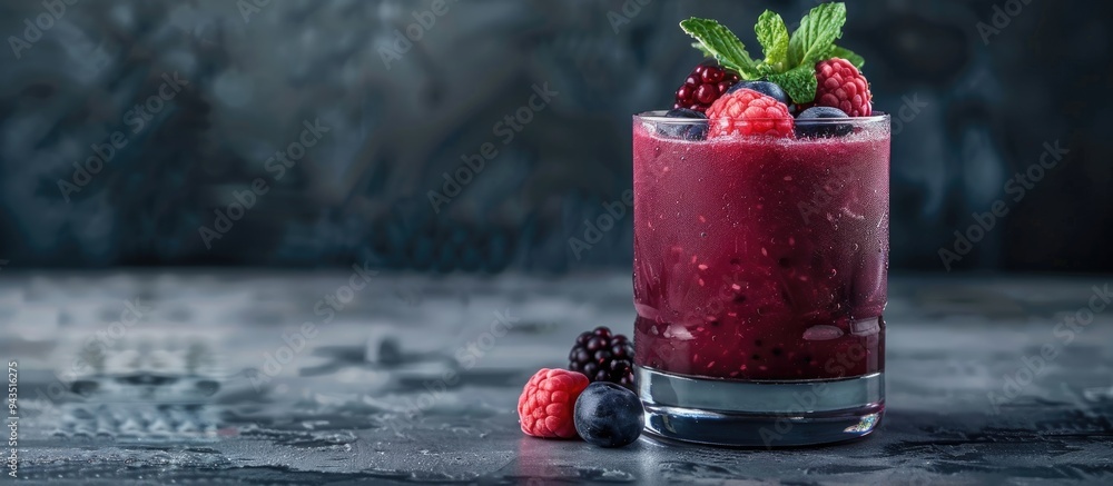 Poster A glass of delicious acai juice garnished with mint and berries on a textured grey table with room for a message in a copy space image
