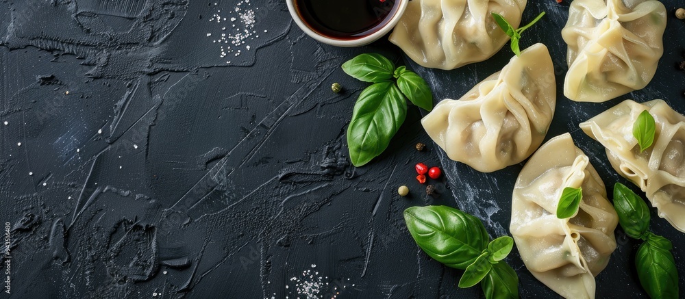 Aufkleber Dumplings and basil displayed on a black surface with copy space image