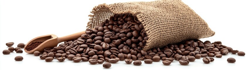Fototapeta premium A coffee beans bag with a coffee scoop, coffee element, realistic style, rustic and artisanal, isolated on white background