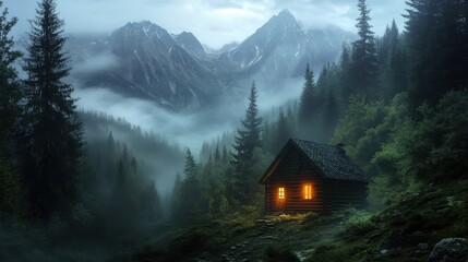 Wooden cabin glowing softly amidst towering trees, with misty mountain peaks in the background, evoking peaceful isolation.