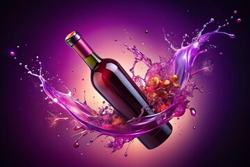 Fototapeta premium Vibrant purple wine bottle exploding in mid-air with splashing wine and vectorized shards flying outward in kinetic motion against bright gradient background exuding energy and excitement