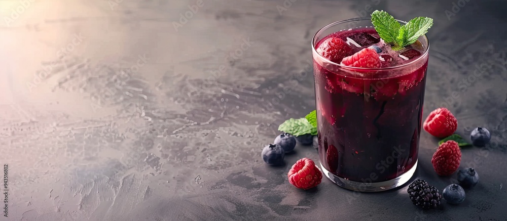 Leinwandbilder a glass of delicious acai juice garnished with mint and berries on a textured grey table with room f