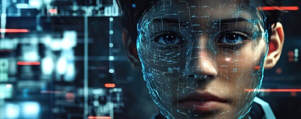 A hacker creating a digital clone to bypass facial recognition security, in a futuristic and hightech environment