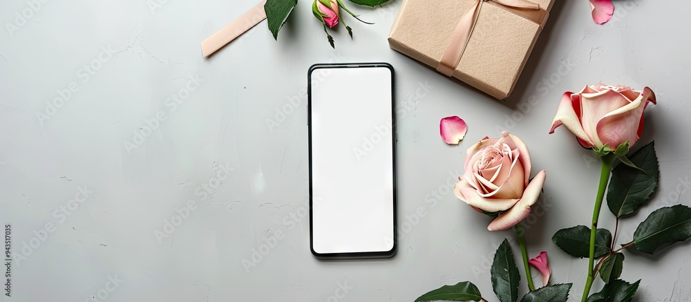 Poster flat lay top view of a greeting card mockup featuring an empty smartphone screen a rose and a gift b