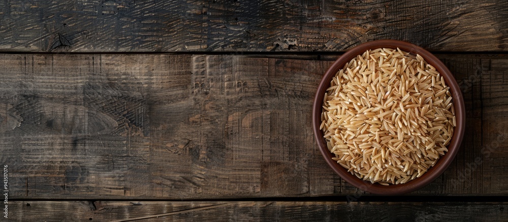 Poster top view of uncooked long grain brown rice in a bowl on a wooden surface with space for additional i