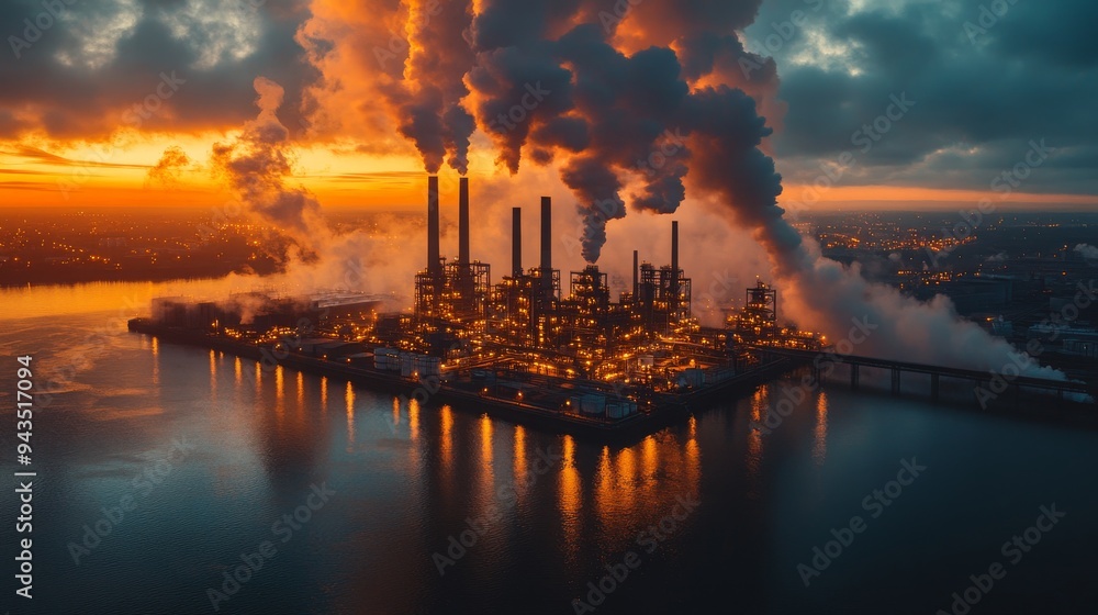 Poster a network of carbon capture systems functions across an industrial setting as smoke billows into the
