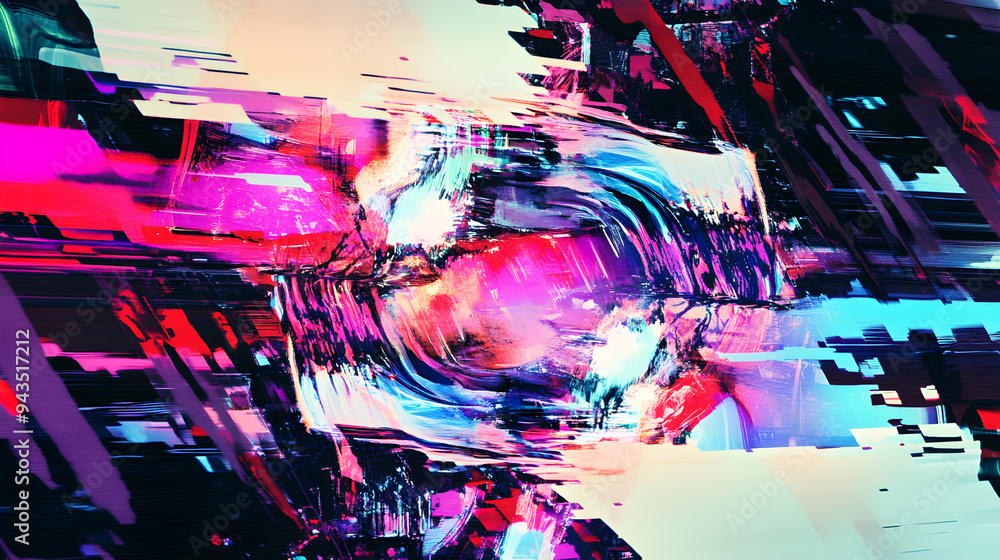 Poster an abstract digital background featuring vibrant colors and glitch-inspired designs creating a dynam