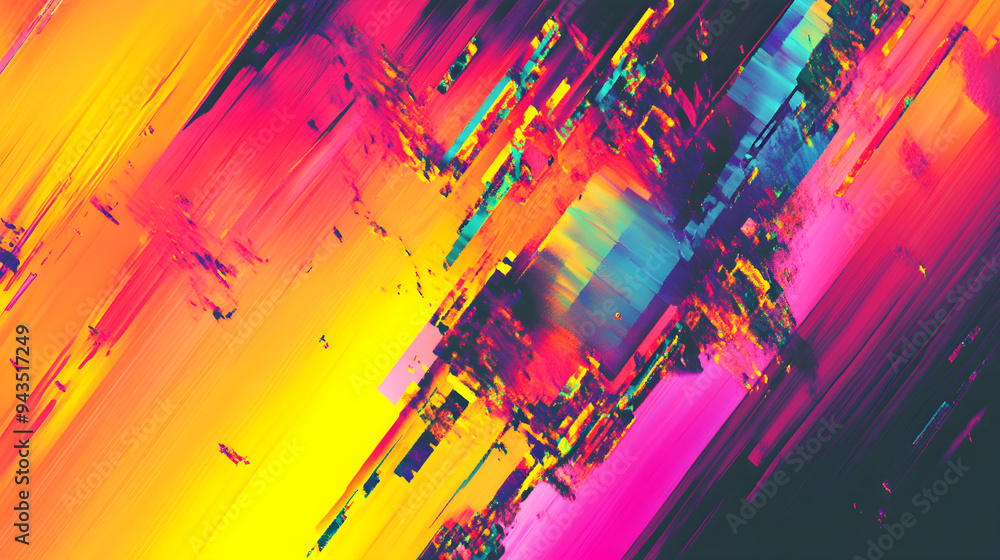 Poster an abstract digital background features vibrant glitch-inspired patterns with bold colors, blending 