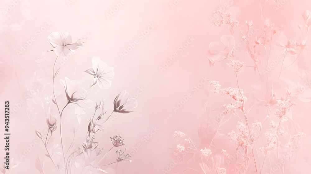 Poster blush pink background features subtle floral patterns with delicate white flowers creating an elegan
