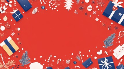 Naklejka premium Festive Christmas Vector Illustration with Traditional Elements on Red Background for Holiday Greeting Card Design