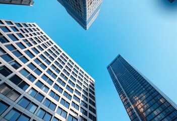 Looking Up modern high-rise office buildings with blue sky in the background, ai