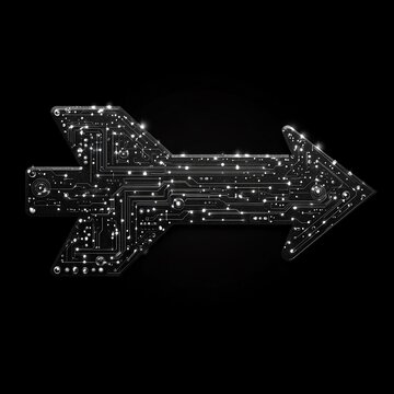 Digital Arrow: A futuristic arrow crafted from intricate circuit board patterns, shimmering with a subtle glow against a black backdrop. This abstract image evokes progress, innovation, and the relent