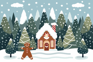 Christmas Village Forest Scene with Snowy Landscape and Santa's Cottage, Holiday Vector Illustration, Winter Night with Snowy House, Christmas Tree, Festive Happy Holiday Card Design