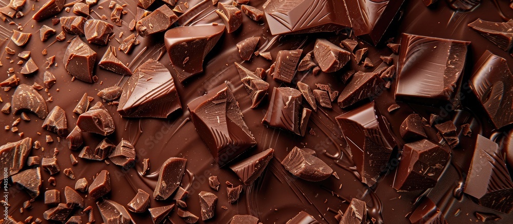 Poster photo displaying milk chocolate chunks with blank space for text or graphics. creative banner. copys