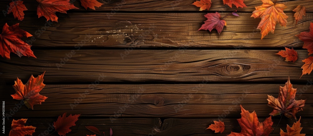 Fototapete Thanksgiving themed text on rustic wooden background with autumn leaves allowing space for an image 103 characters. Creative banner. Copyspace image