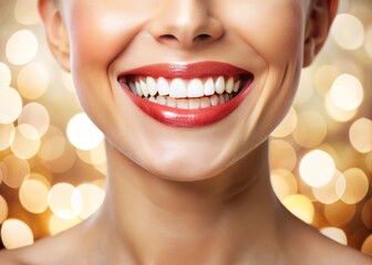 Fototapeta premium Vibrant smile transformation captures confident patient revealing gleaming porcelain veneers, subtle morning light, soft focus background, warm beige tones, and subtle bokeh blur