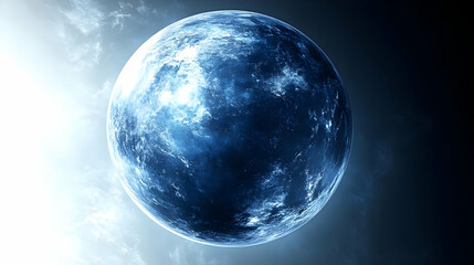 Obraz premium A celestial body with a blue and white surface, surrounded by a dark space with white and blue nebula.